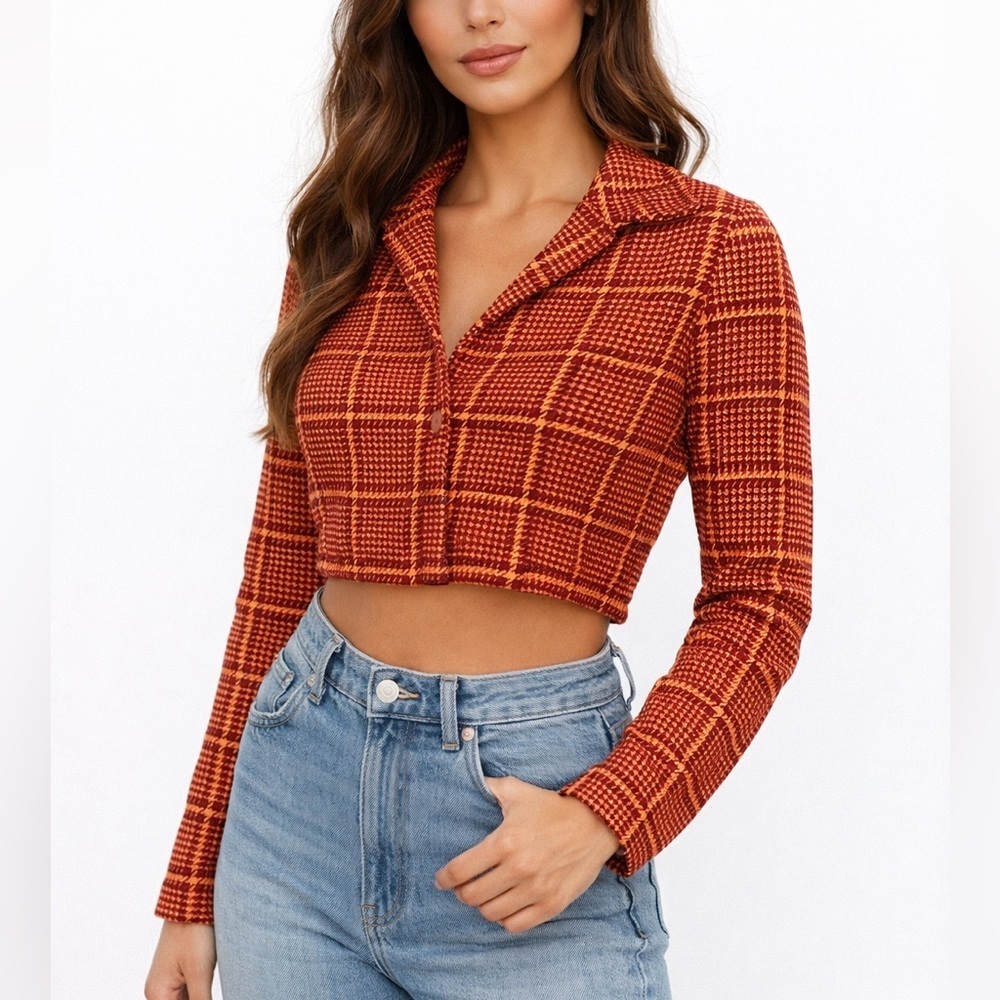 ZARA Cropped Knit Top XS – Red & Orange Plaid Long Sleeve Collared Top